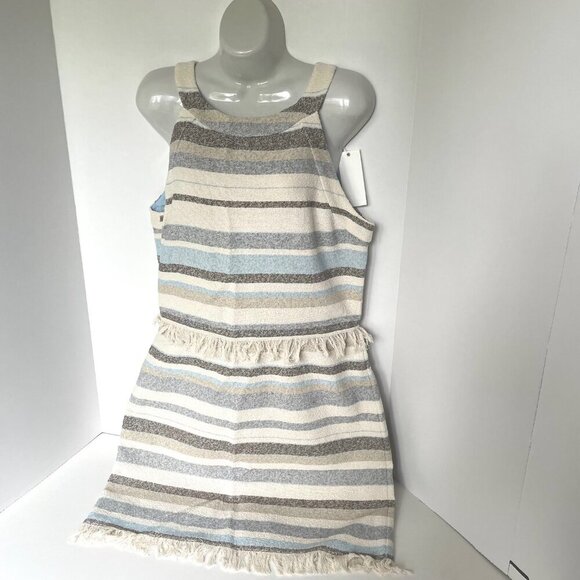 Tory Burch Mini Fringed Boho Dress 10 Ivory Sleeveless Cotton Sheath Stripe - Picture 3 of 14